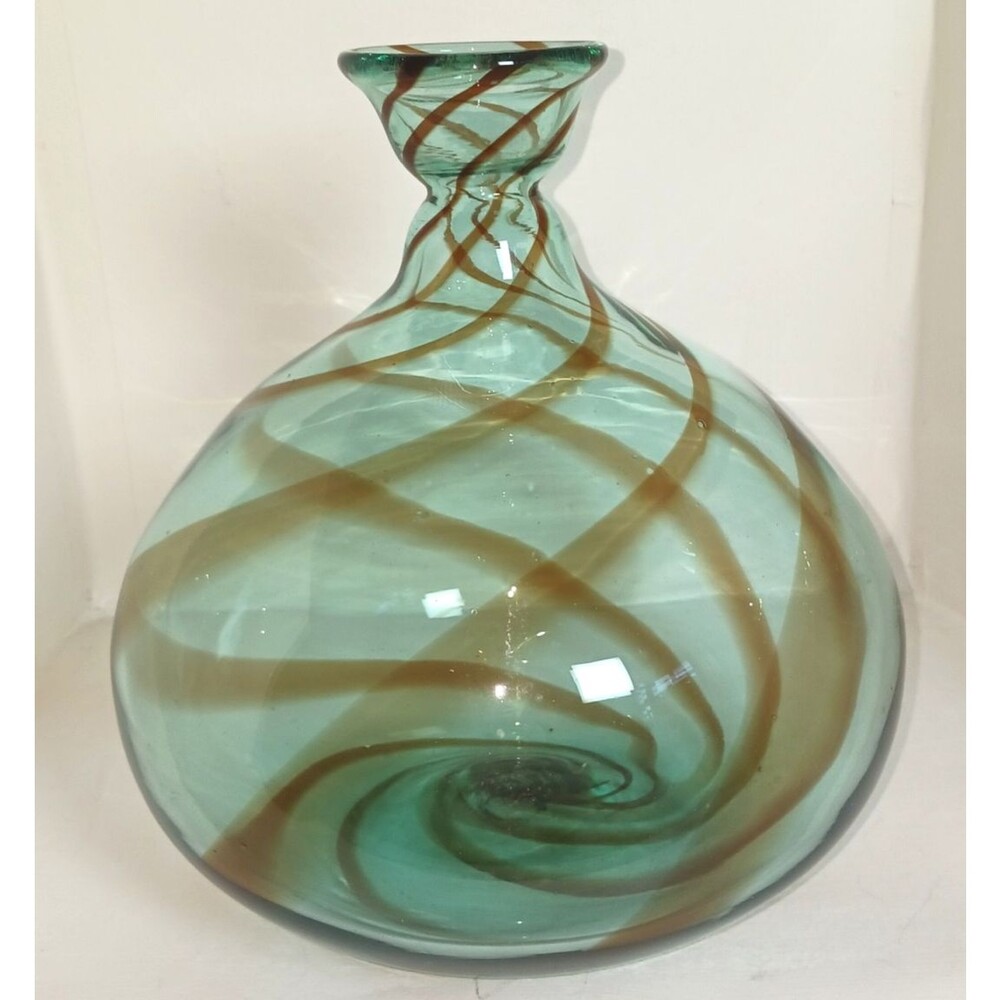 MCM Blenko 828M Balloon Vase Vintage 8" Green W/ribbons Blown Glass